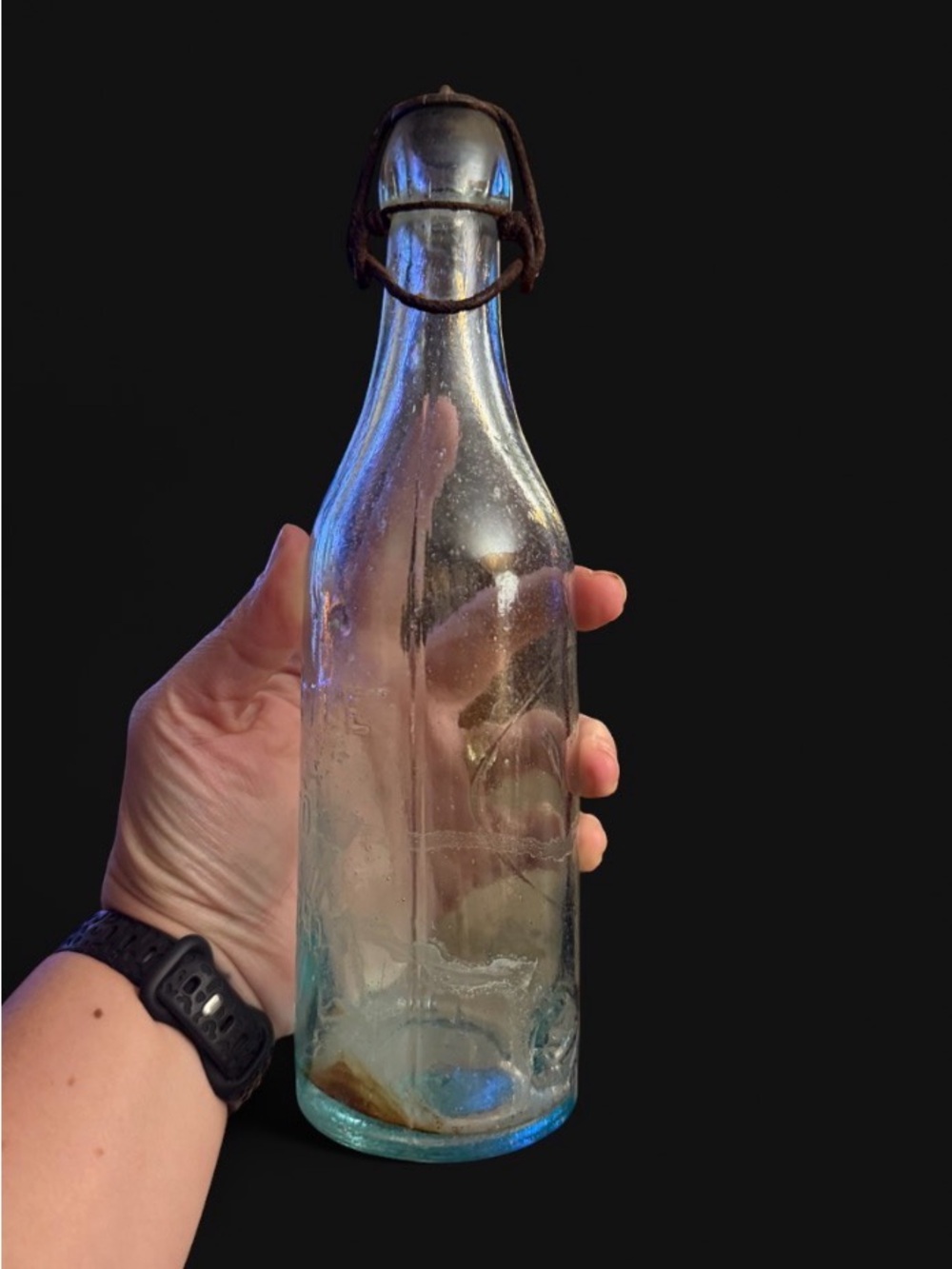 Clear Vintage Glass Bottle with rusted Wire Bail Closure - Clear